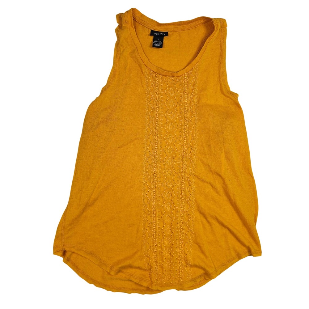 Rue21‎ Womens Mustard Yellow Embroidered Tank Top Size M Boho Sleeveless Shell